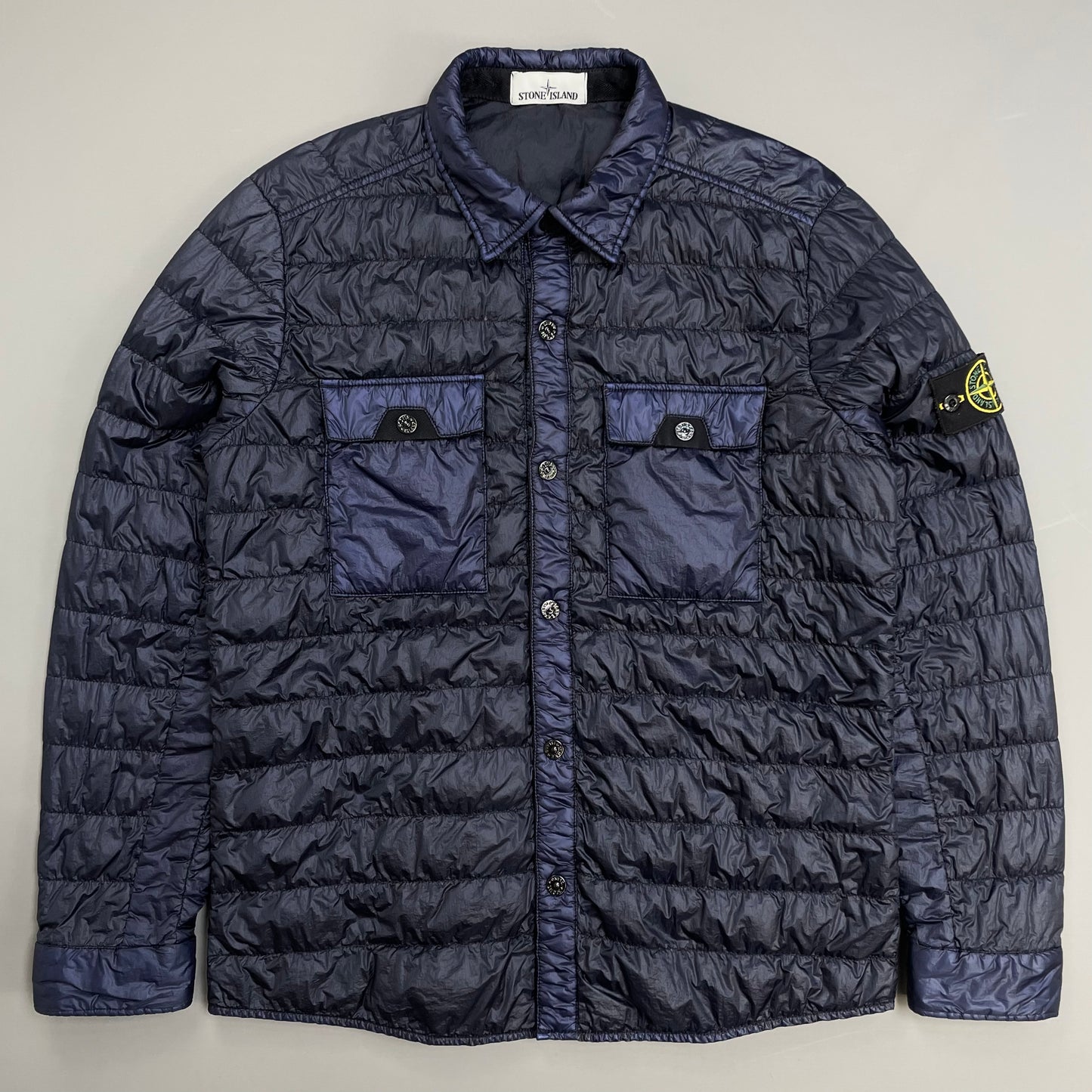 Stone Island Navy Blue SS16 Two-Tone Down Lightweight Puffer Overshirt Jacket