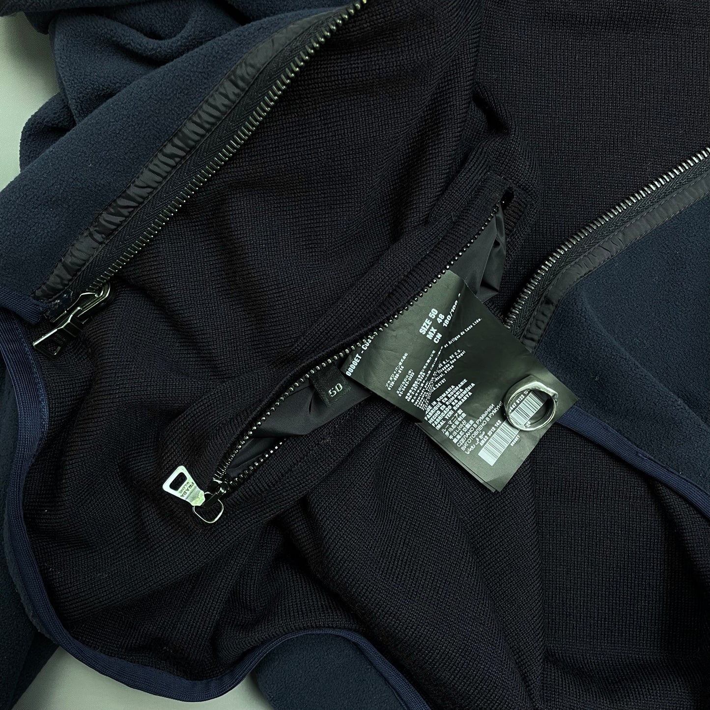 Prada Sport Navy Blue 2012 Reversible Fleece & Wool Knit Zip Cardigan Jacket