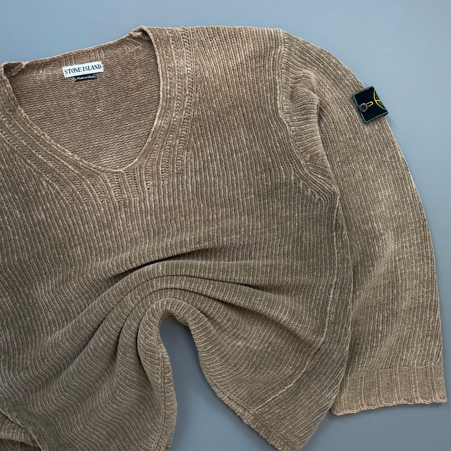 Stone Island Brown AW98 Chenille Knit Scoop Neck Green Edge Badge Jumper
