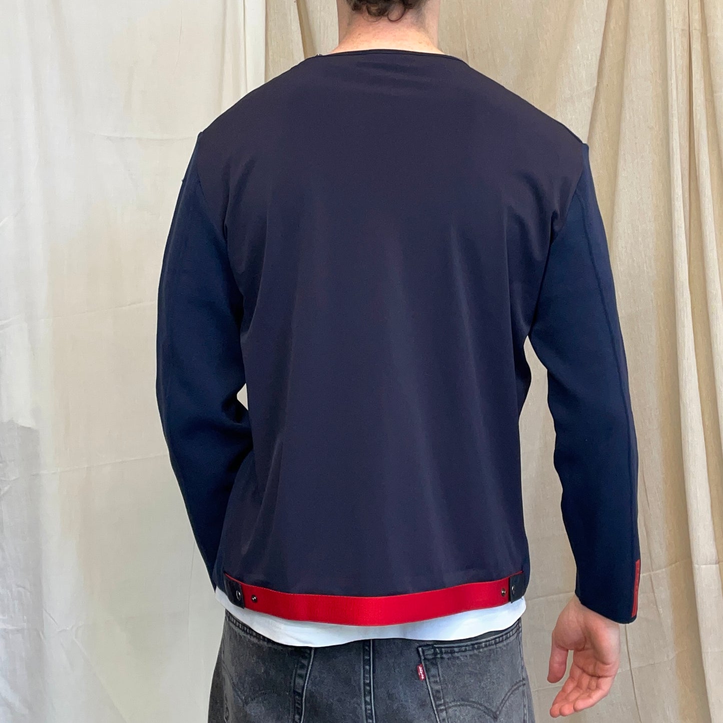 Prada Sport Navy SS00 Nylon Shoulder Zip Panel Crewneck Jumper