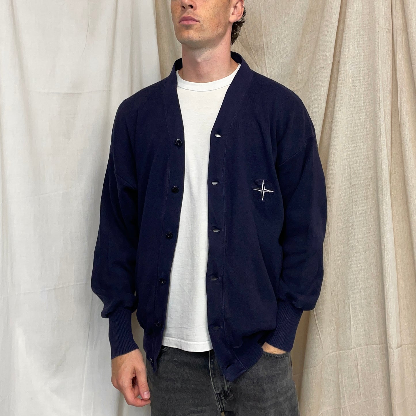 Stone Island Navy 90s Compass Emblem Button-Up Cardigan
