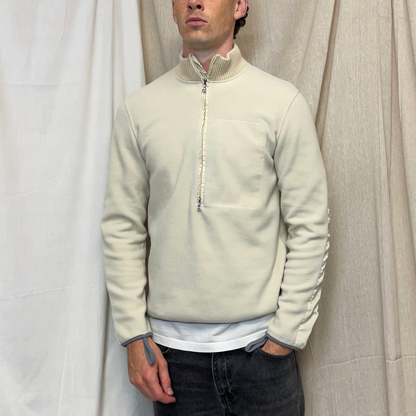 Prada Sport Cream 00s Nylon Elbow Dual-Zip Lightweight Fleece Jumper