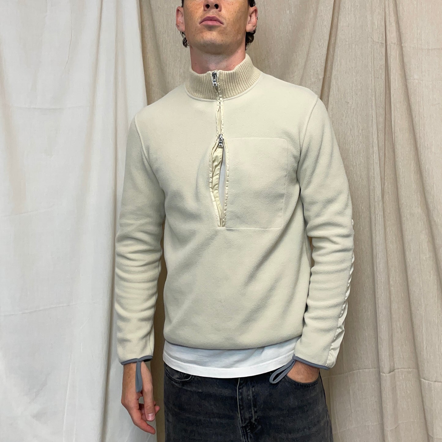 Prada Sport Cream 00s Nylon Elbow Dual-Zip Lightweight Fleece Jumper