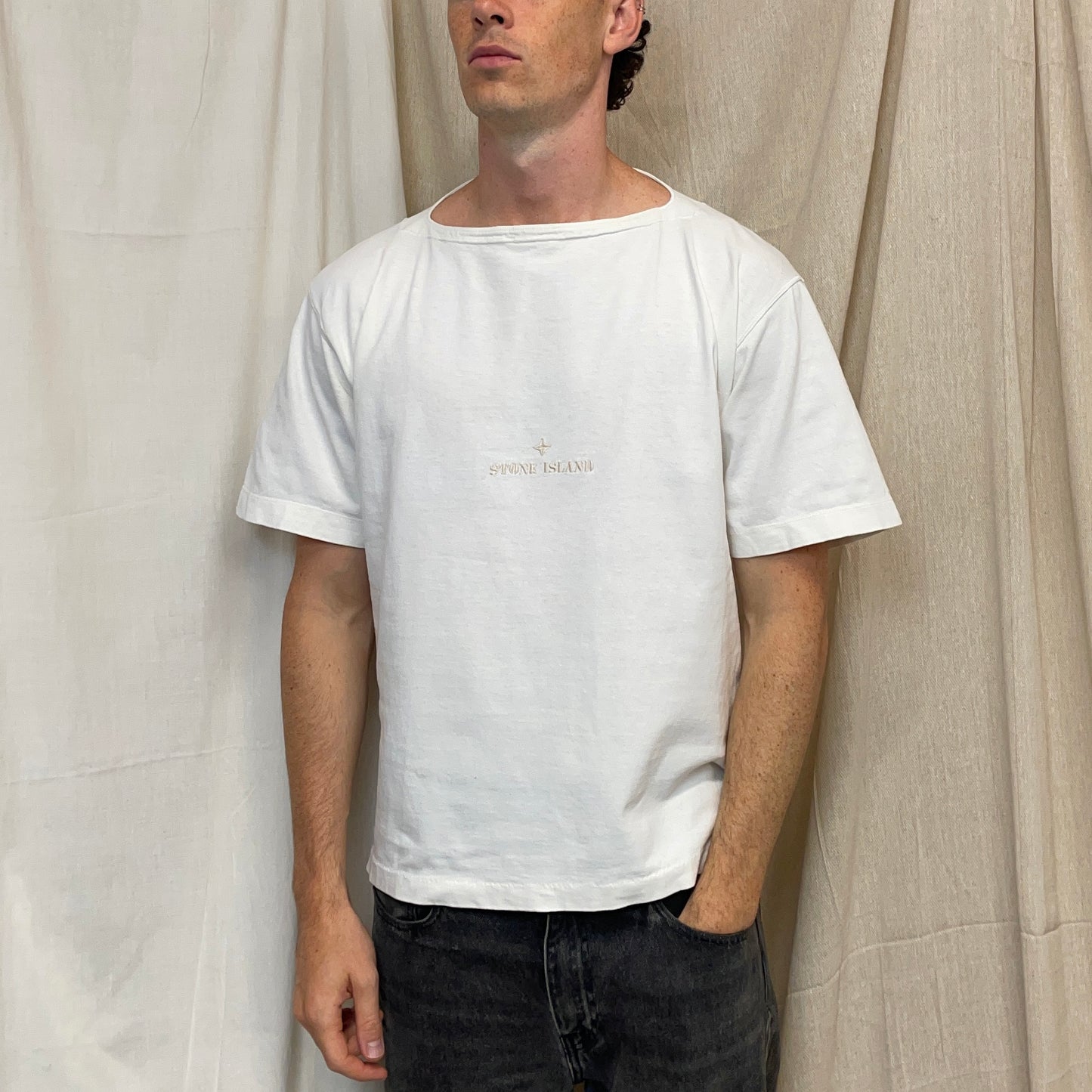 Stone Island White 80s Boat Neck Spellout Oversized T-Shirt