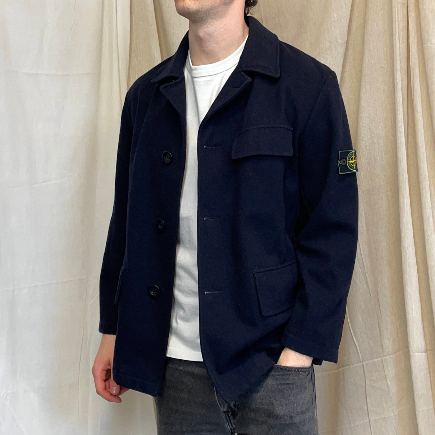 Stone Island Navy AW98 Wool Button-Up Green Edge Badge Overcoat