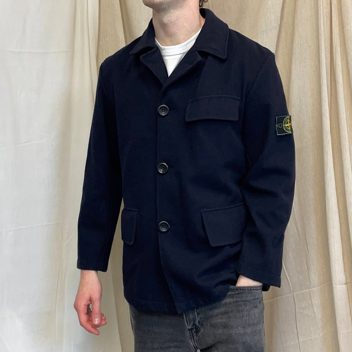 Stone Island Navy AW98 Wool Button-Up Green Edge Badge Overcoat