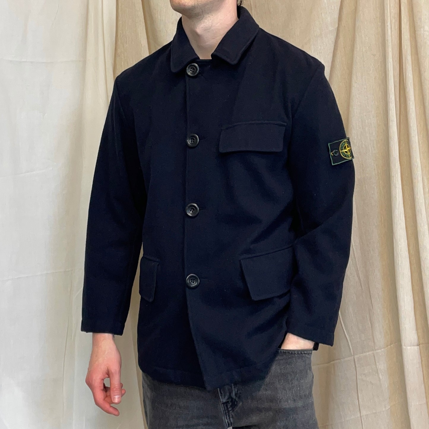 Stone Island Navy AW98 Wool Button-Up Green Edge Badge Overcoat