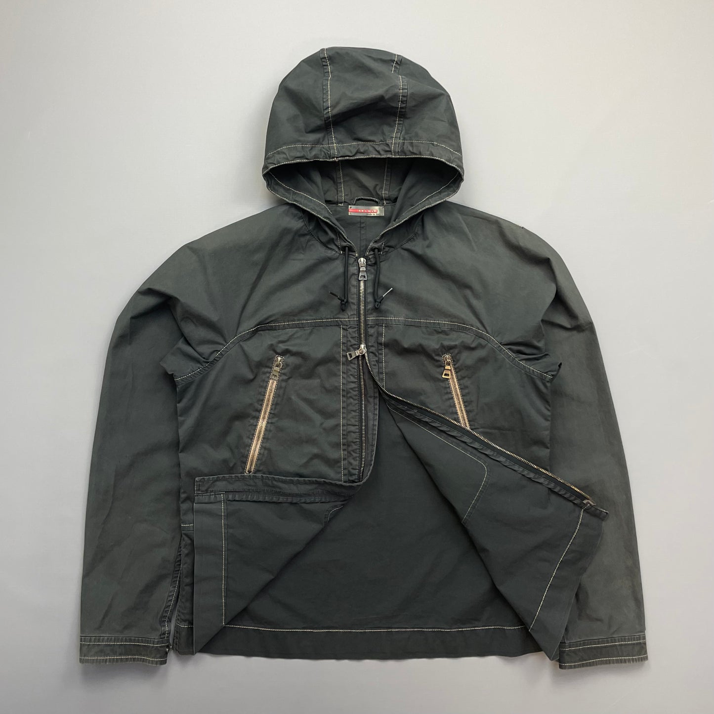 Prada Sport Grey Lightweight Contrast Stitching Hooded Windbreaker Jacket