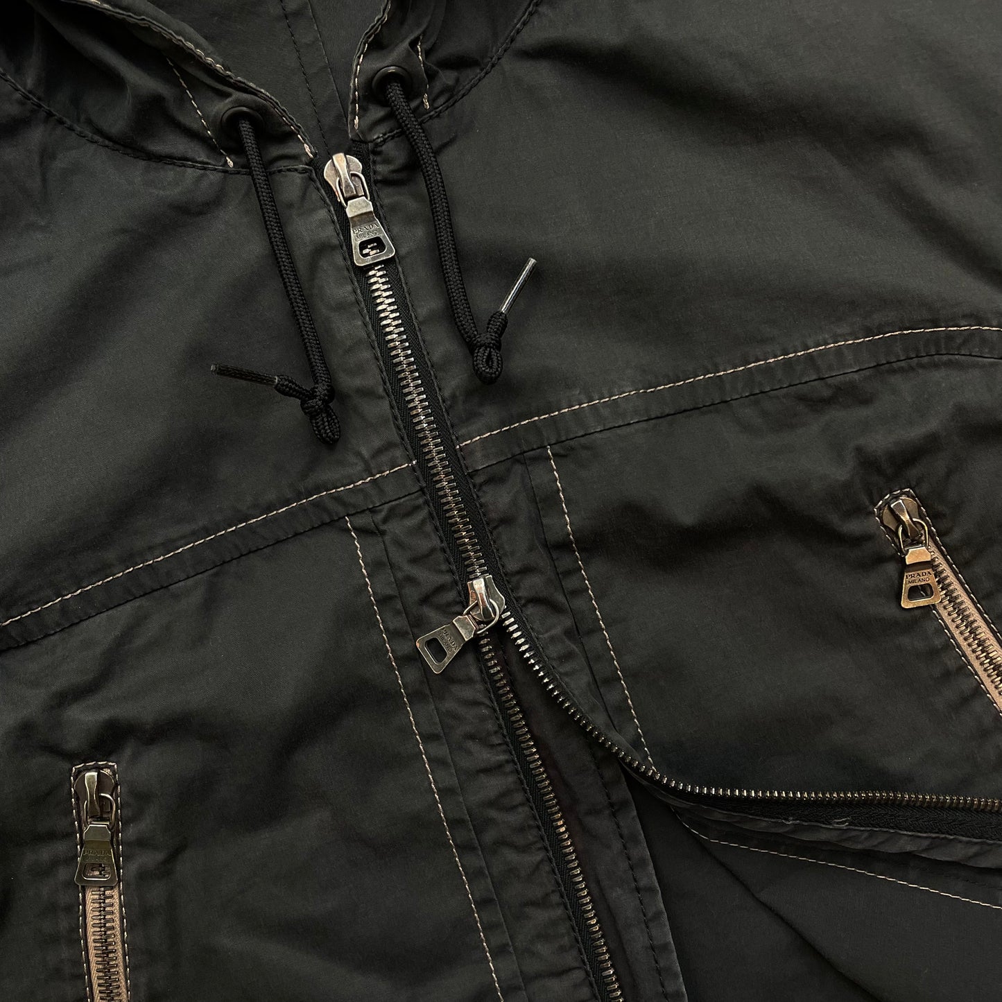 Prada Sport Grey Lightweight Contrast Stitching Hooded Windbreaker Jacket