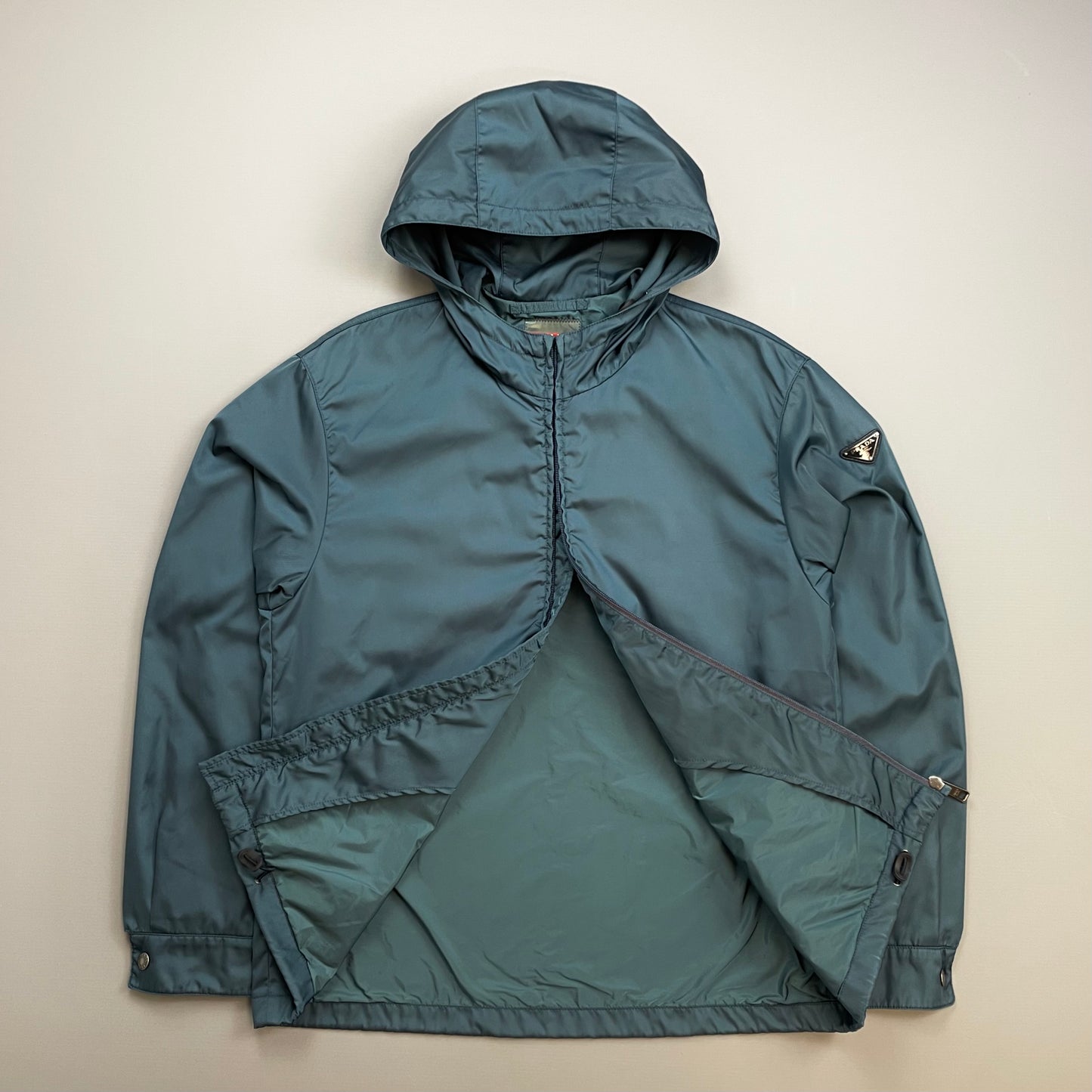 Prada Mainline Teal Blue 2014 Nylon Hooded Plaque Jacket