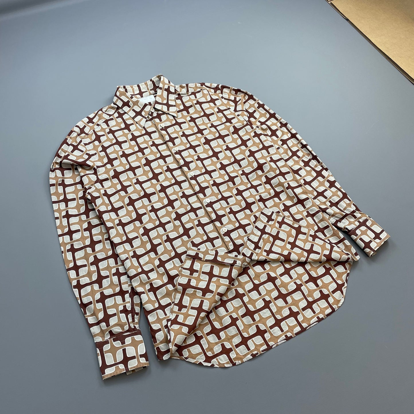 Prada Milano Brown 00s Geometric Interlink All-Over Print Shirt