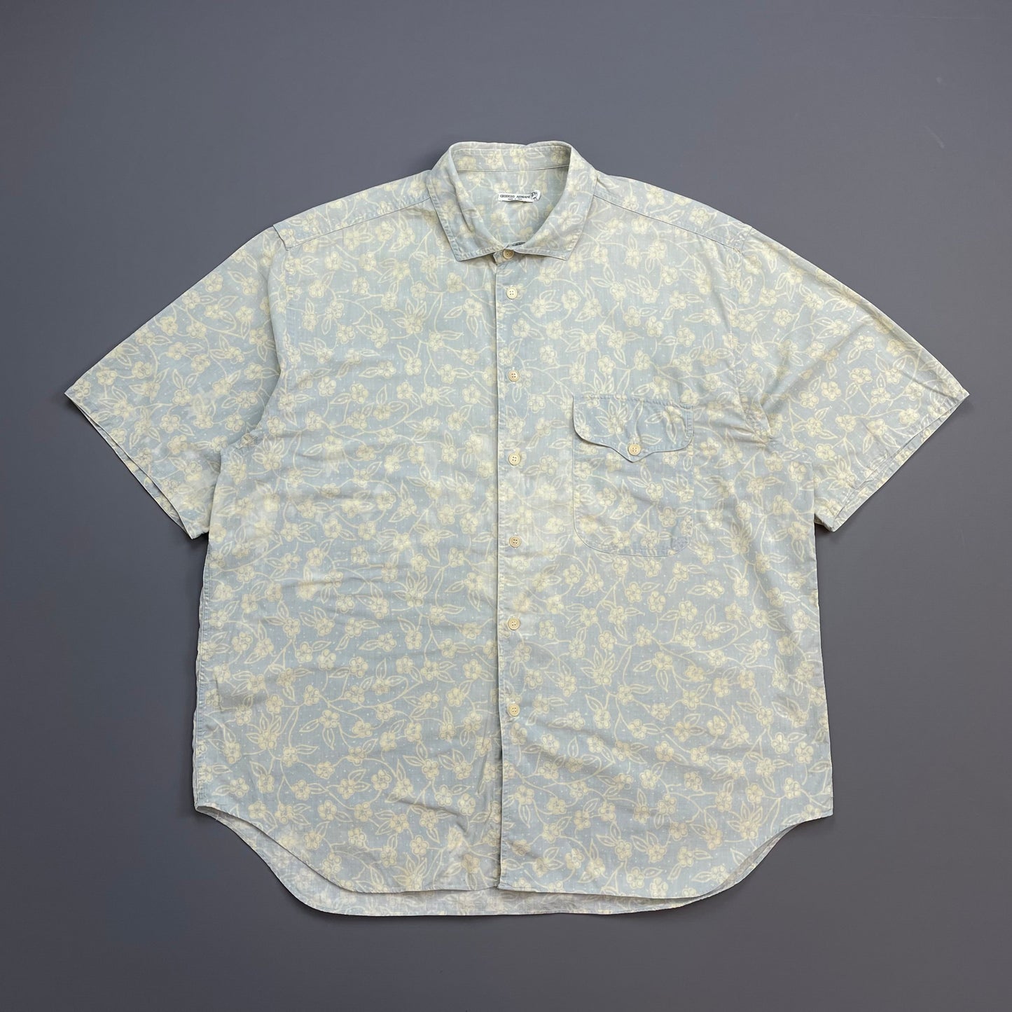 Giorgio Armani Light Blue 80s Floral Print Short Sleeve Shirt
