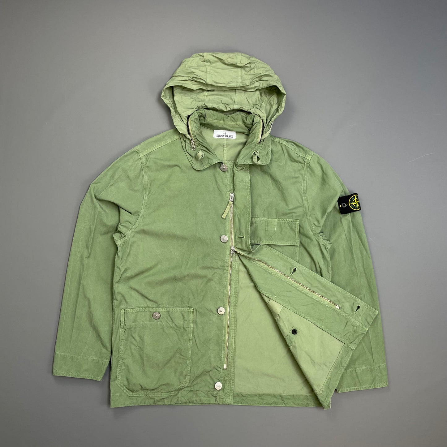 Stone Island Green SS23 Lightweight Cupro Cotton Twill-TC Concealed Hood Chore Jacket