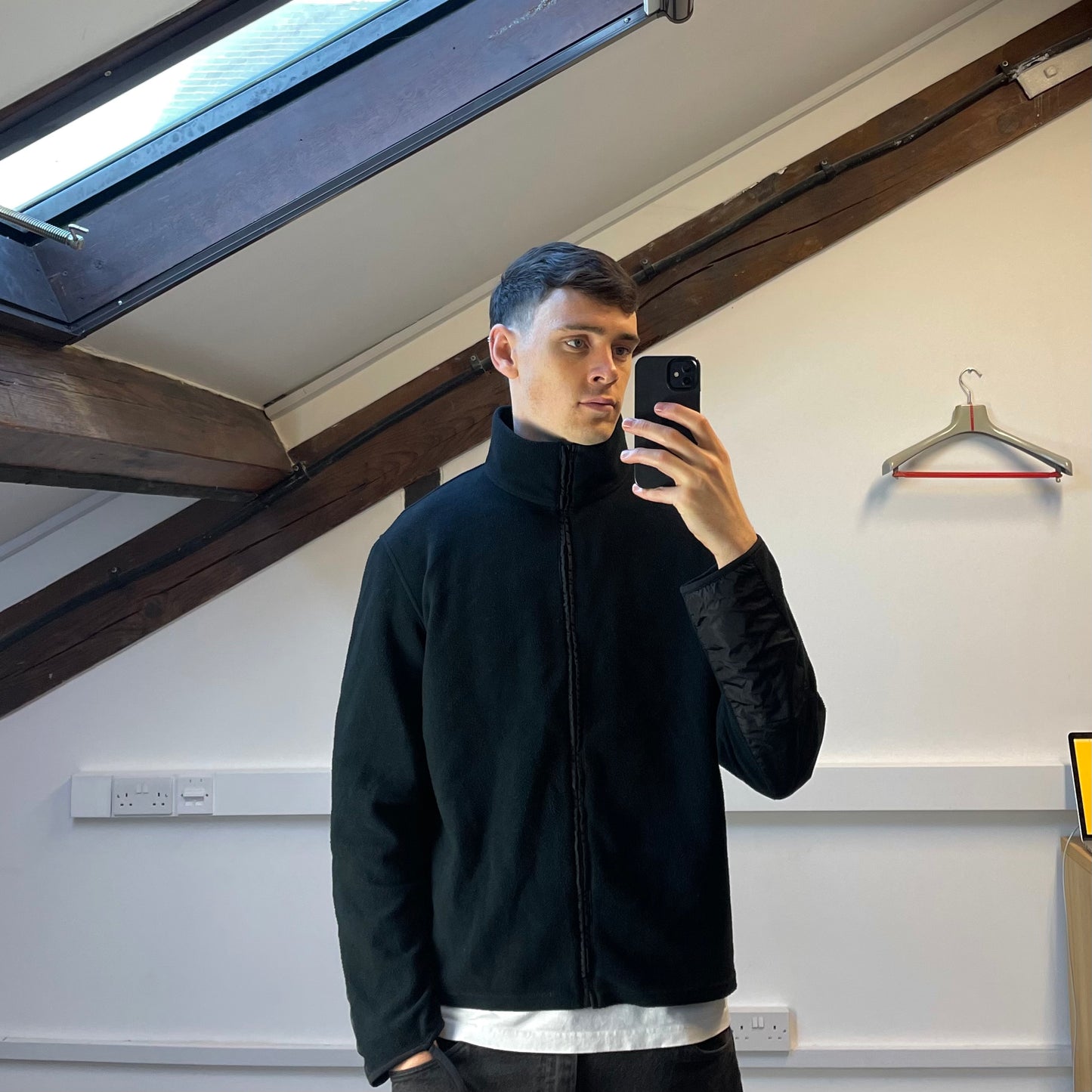 Prada Sport Black Lightweight Nylon Panel Fleece Jacket