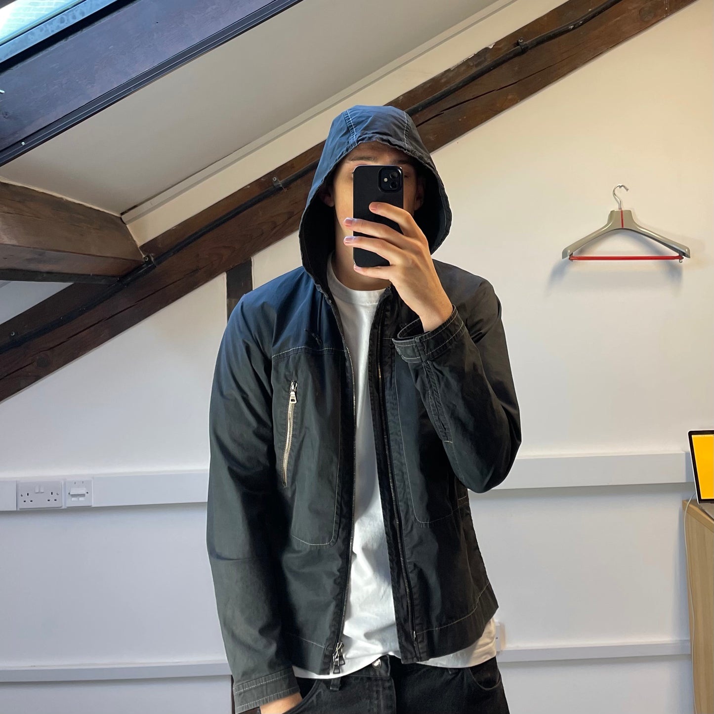 Prada Sport Grey Lightweight Contrast Stitching Hooded Windbreaker Jacket