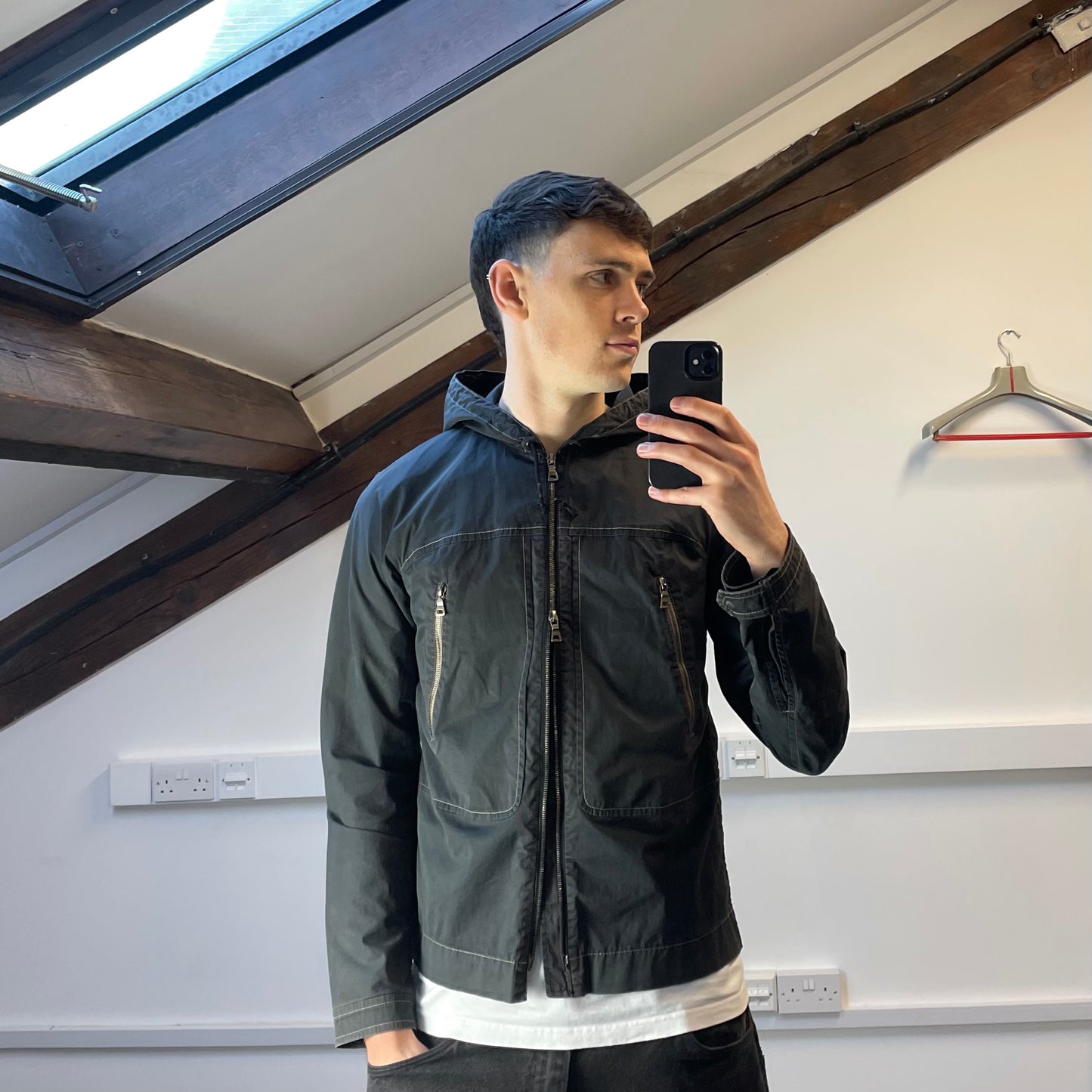 Prada Sport Grey Lightweight Contrast Stitching Hooded Windbreaker Jacket