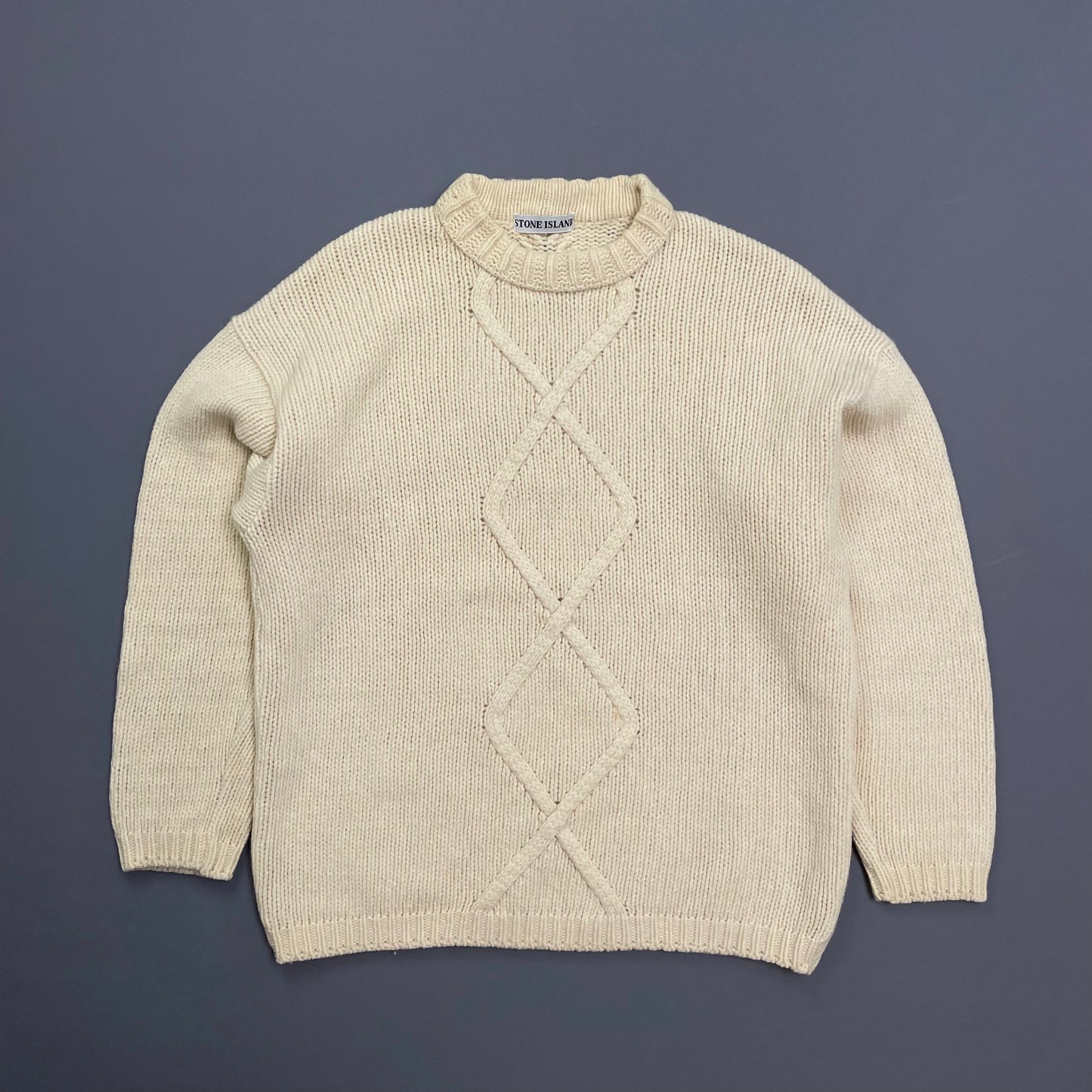 Stone Island Cream 80s Chunky Cable Knit Wool Crewneck Jumper
