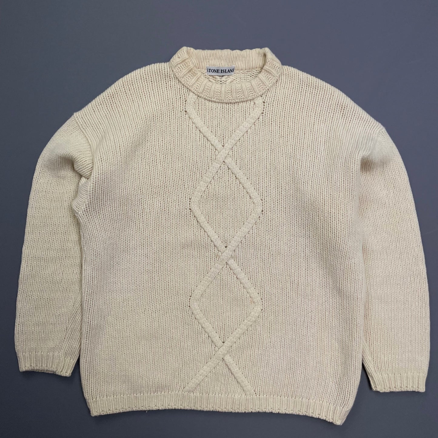 Stone Island Cream 80s Chunky Cable Knit Wool Crewneck Jumper