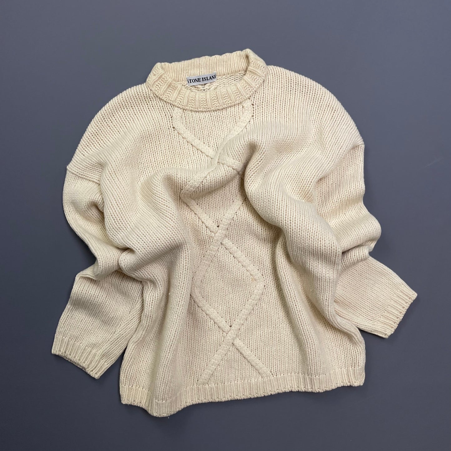 Stone Island Cream 80s Chunky Cable Knit Wool Crewneck Jumper