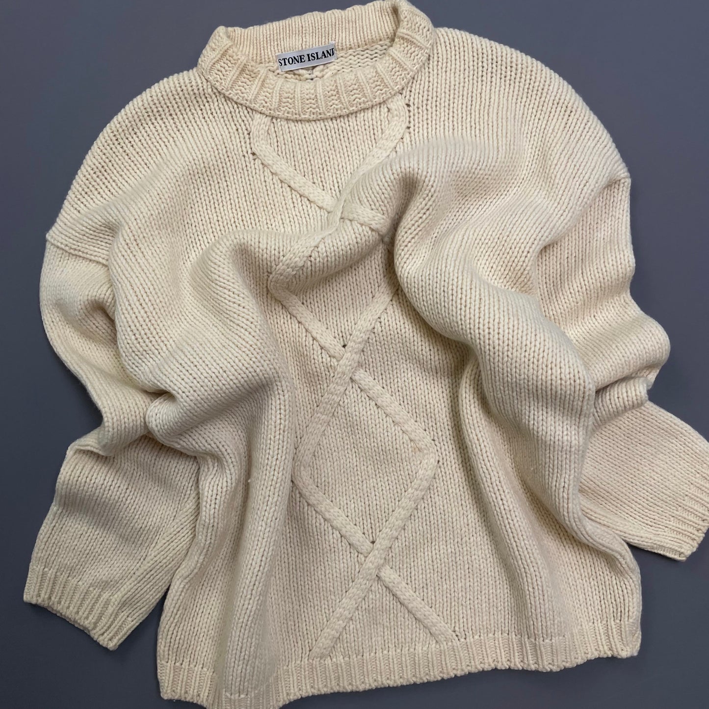 Stone Island Cream 80s Chunky Cable Knit Wool Crewneck Jumper