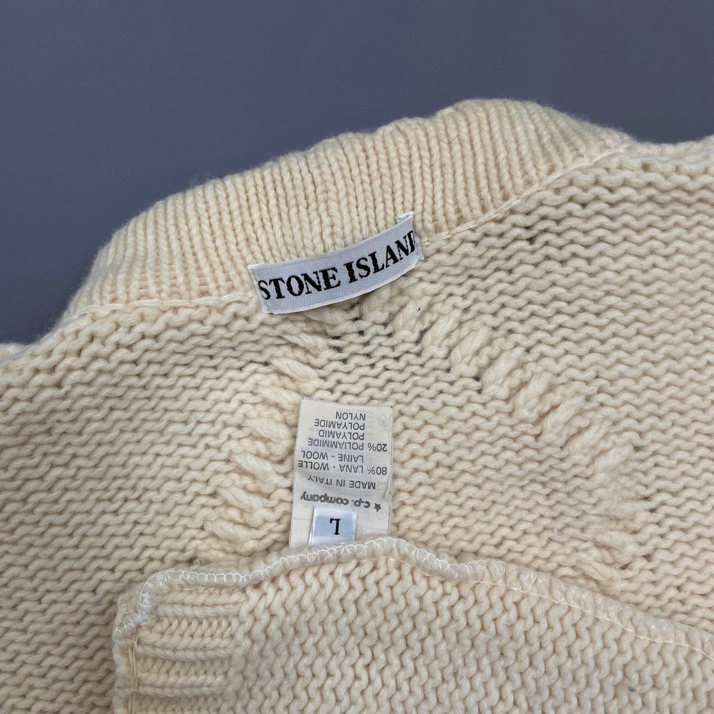 Stone Island Cream 80s Chunky Cable Knit Wool Crewneck Jumper
