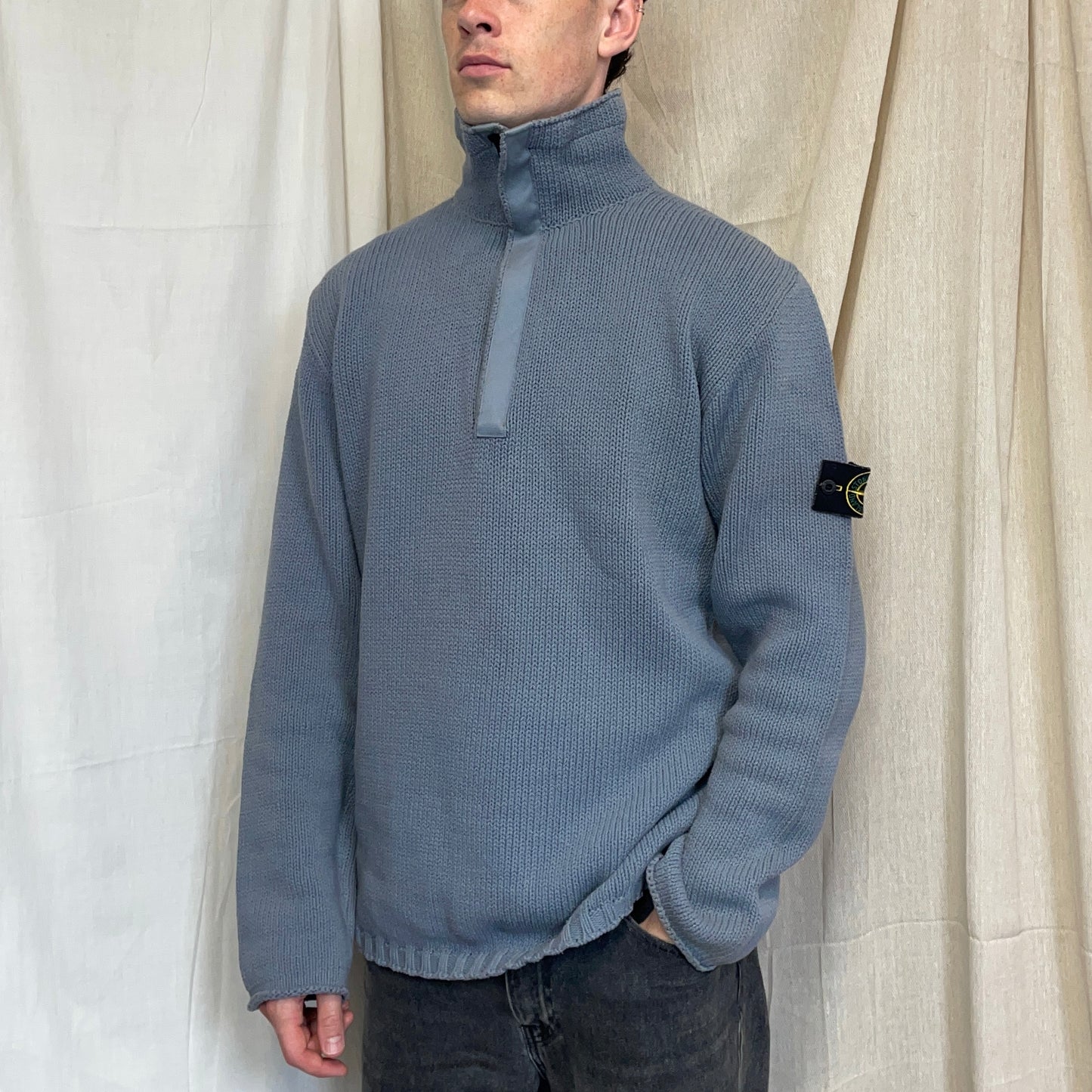 Stone Island Light Blue SS02 Heavyweight Half-Zip Knit Jumper