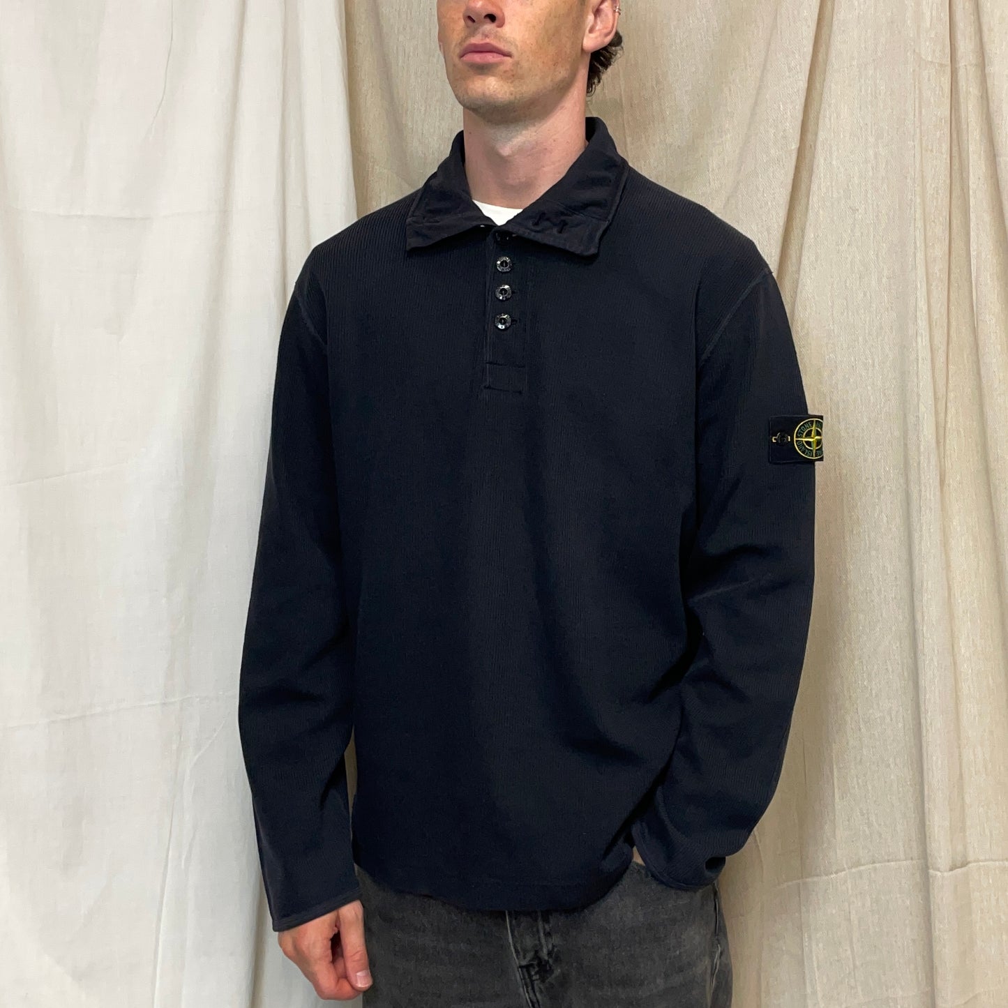Stone Island Black AW03 Ribbed Button-Up Collar Jumper