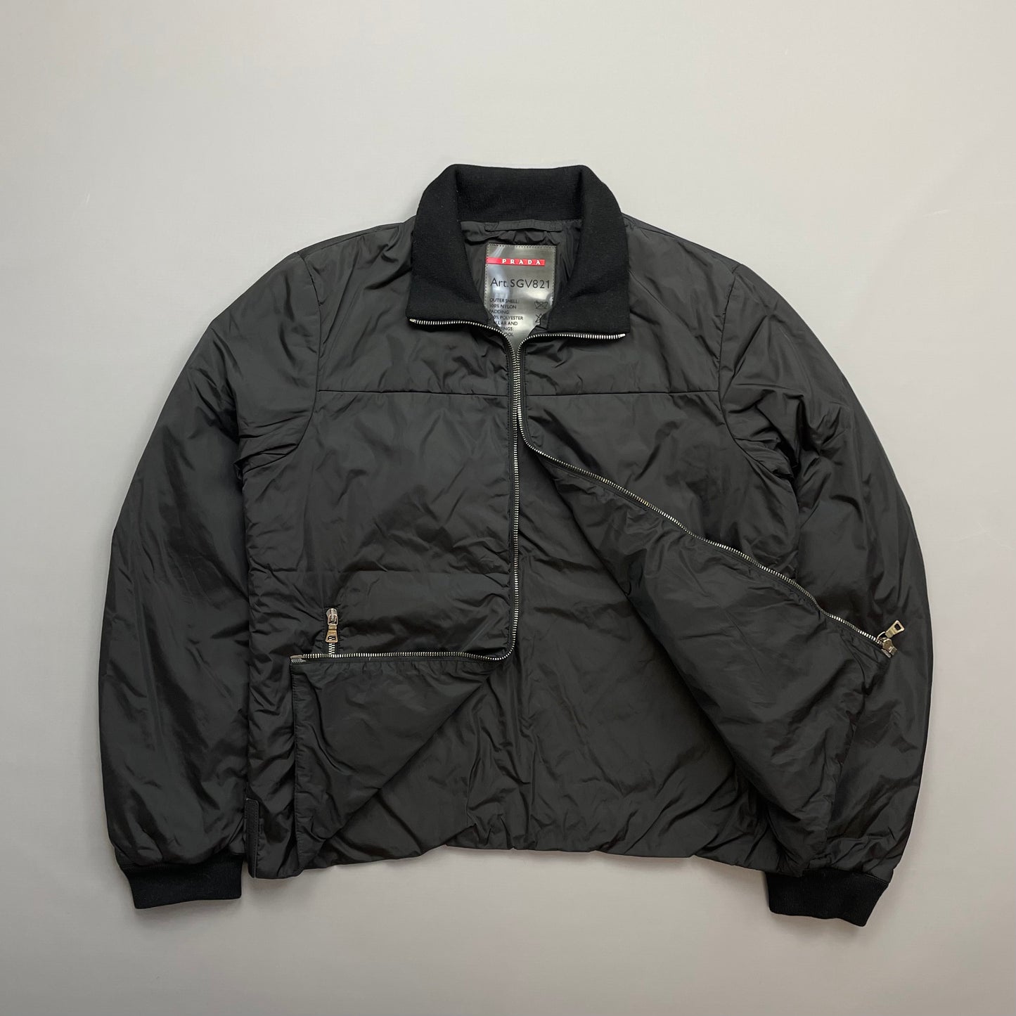 Prada Sport Black 2006 Leather Tab Nylon Padded Harrington Jacket