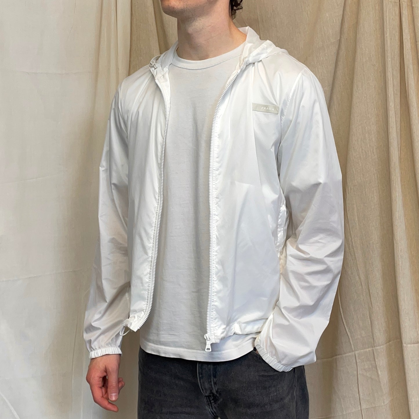 Prada Sport White 2007 Lightweight Nylon Hooded Windbreaker Jacket