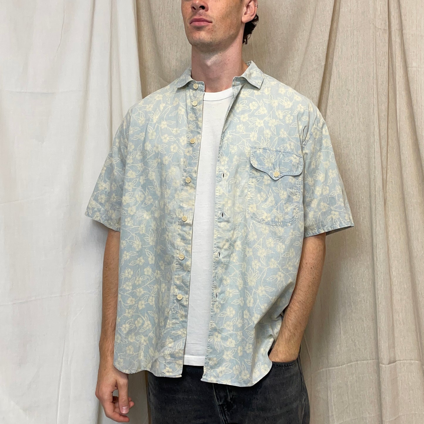 Giorgio Armani Light Blue 80s Floral Print Short Sleeve Shirt