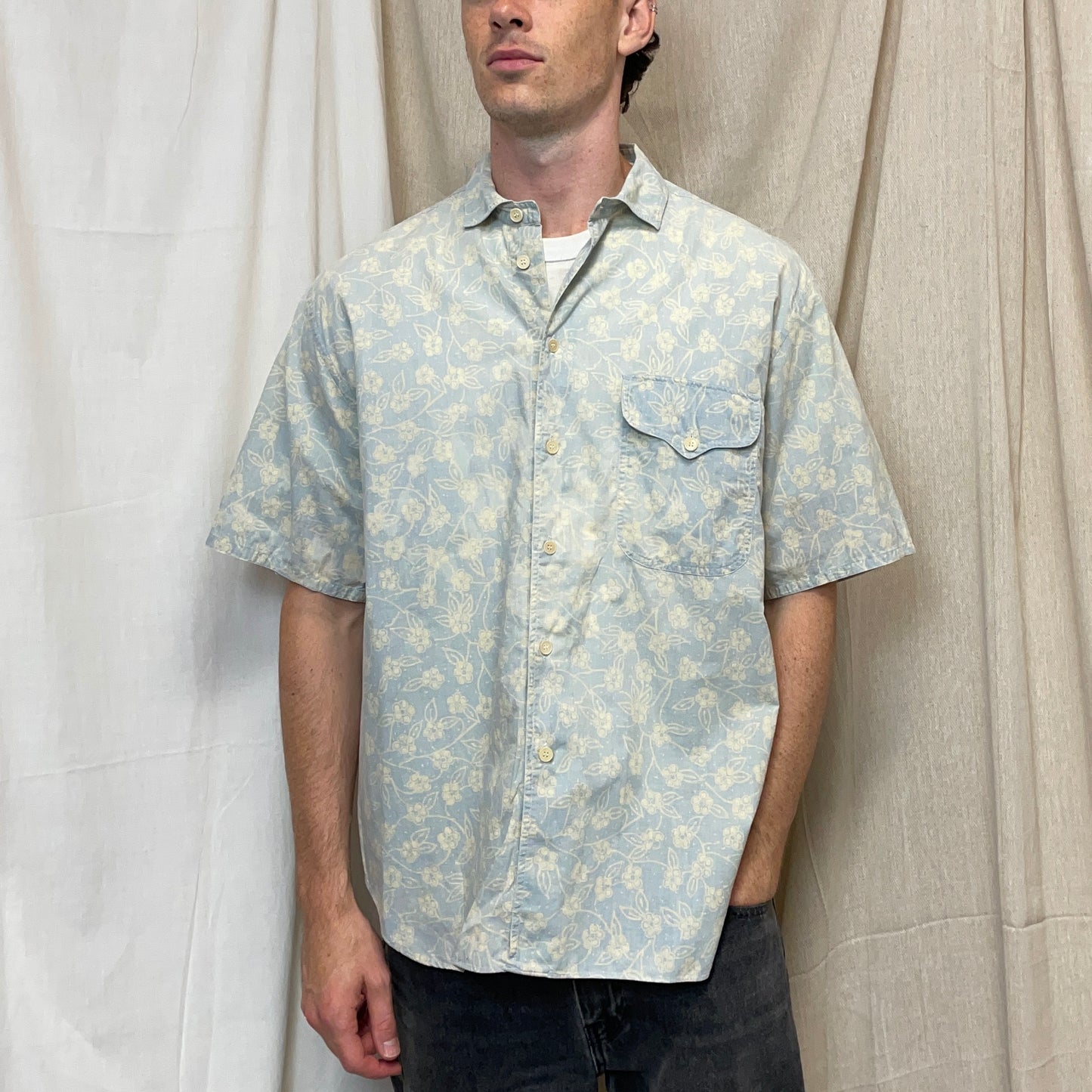 Giorgio Armani Light Blue 80s Floral Print Short Sleeve Shirt