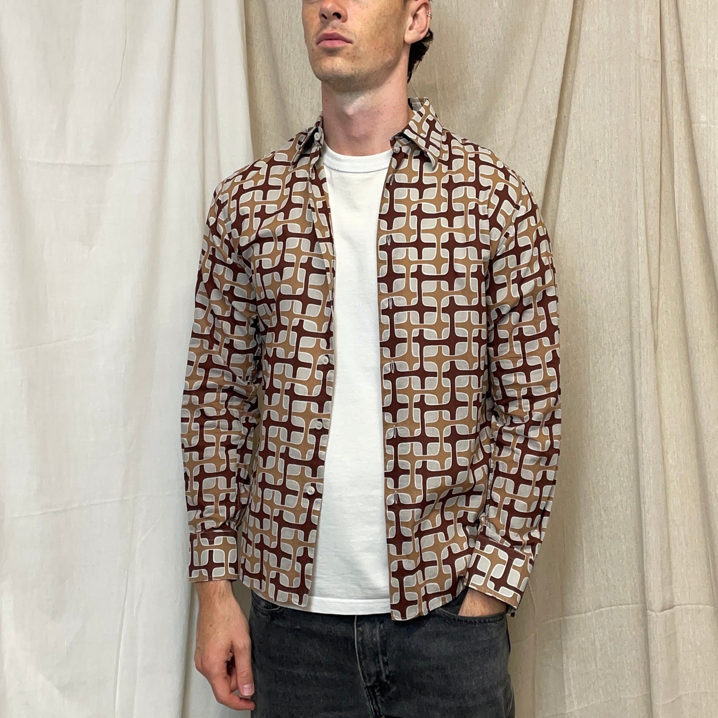 Prada Milano Brown 00s Geometric Interlink All-Over Print Shirt