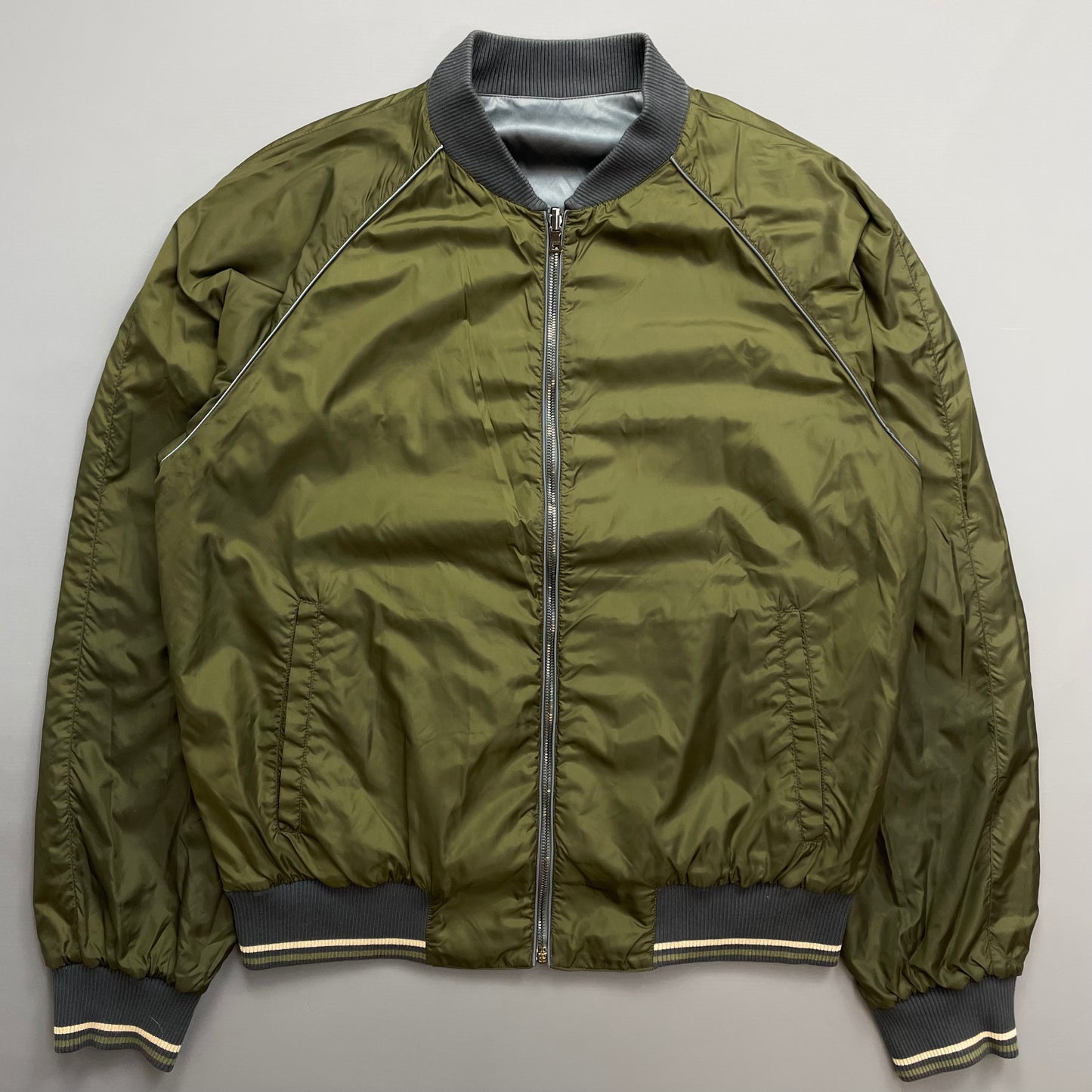 Prada Silver/Khaki Reversible 2010 Nylon Lightweight Bomber Jacket