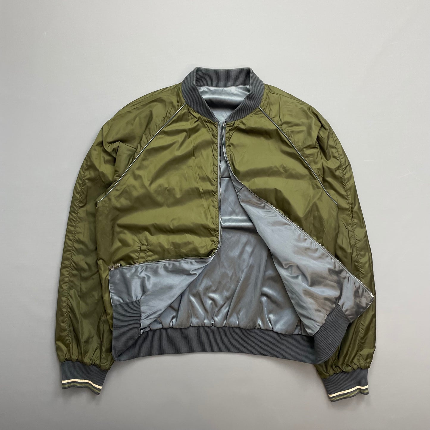 Prada Silver/Khaki Reversible 2010 Nylon Lightweight Bomber Jacket