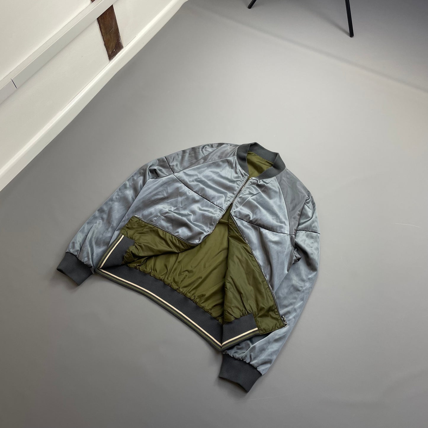 Prada Silver/Khaki Reversible 2010 Nylon Lightweight Bomber Jacket