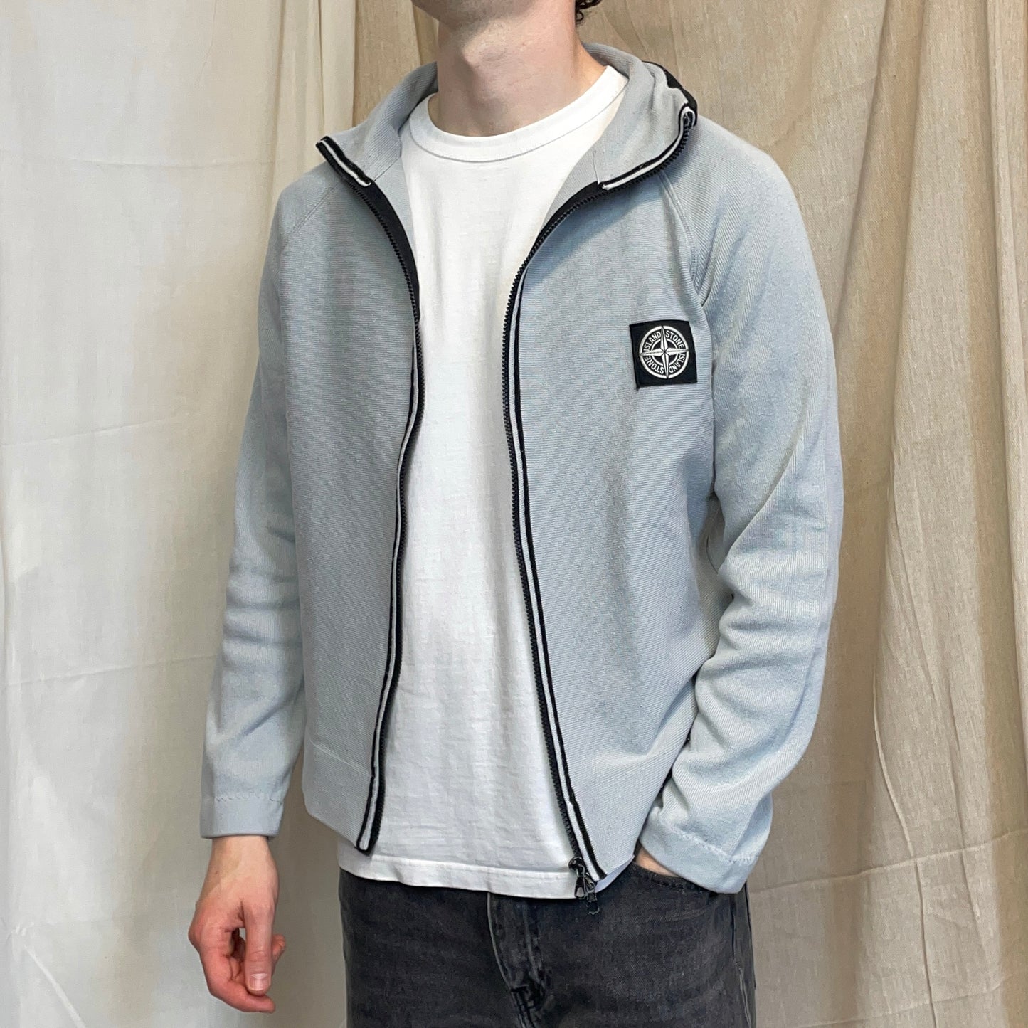 Stone Island Blue SS04 Cotton Zip Lightweight Knit Emblem Jacket