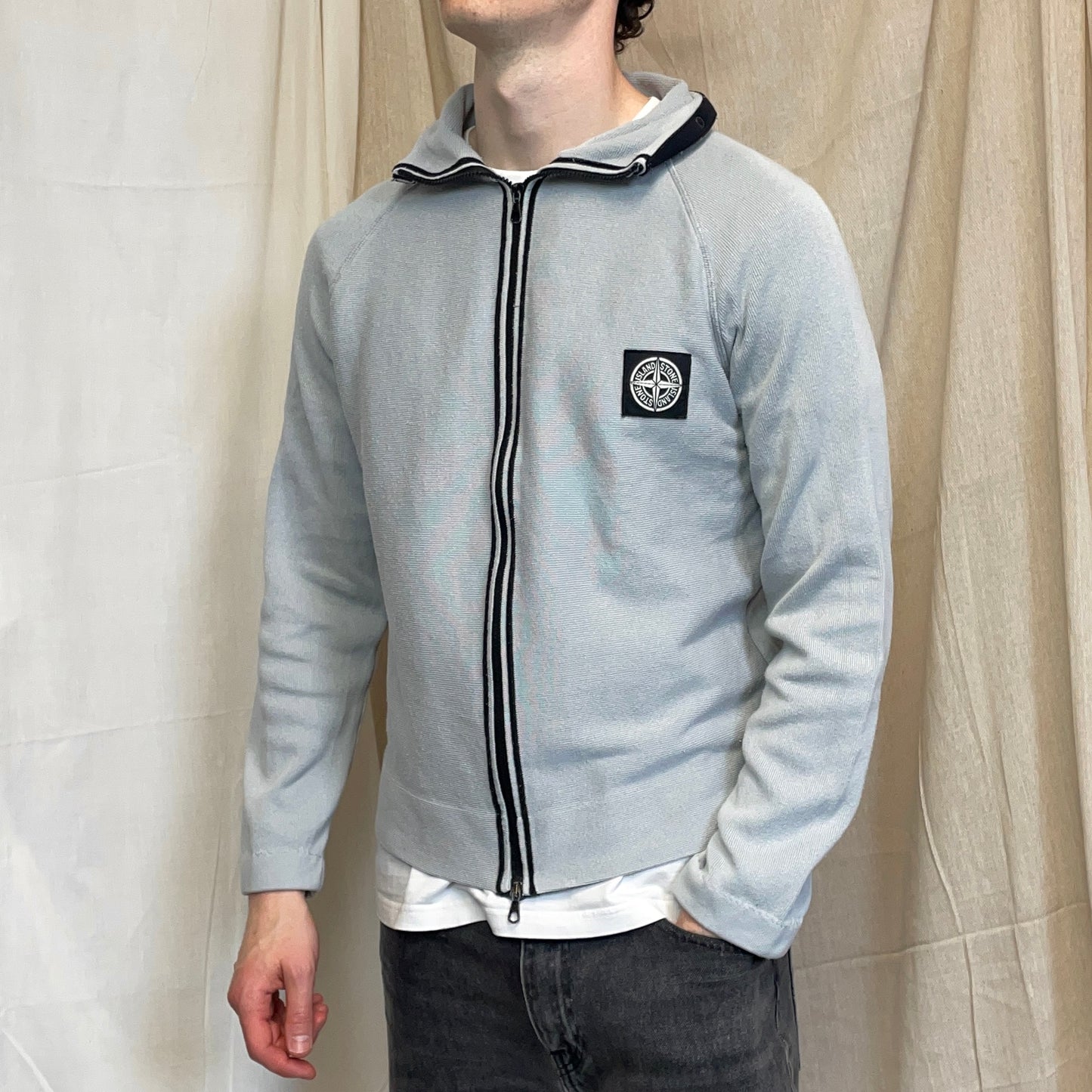 Stone Island Blue SS04 Cotton Zip Lightweight Knit Emblem Jacket