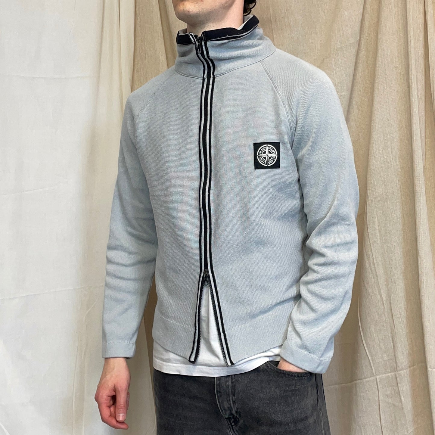 Stone Island Blue SS04 Cotton Zip Lightweight Knit Emblem Jacket