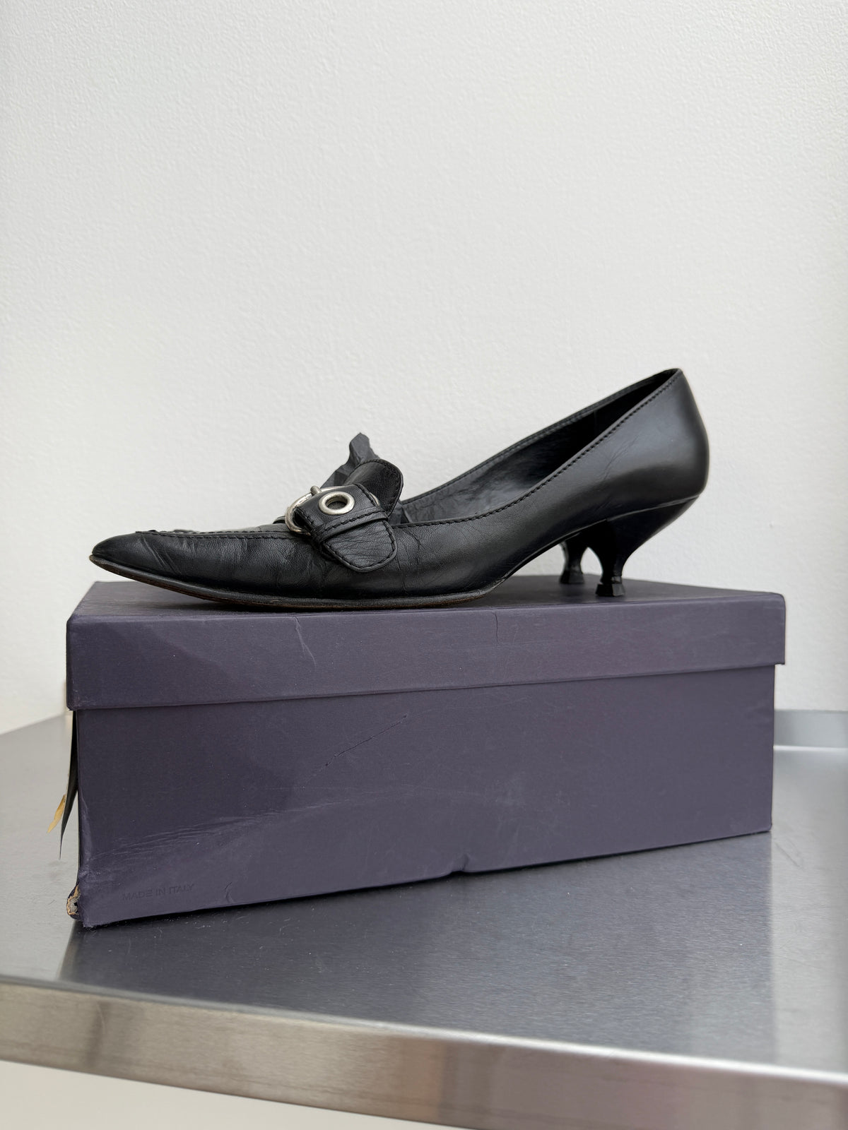 Prada Leather Buckle Kitten Heels