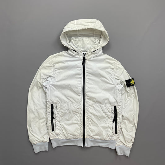 Stone Island White SS20 Garment Dyed Crinkle Reps Concealed Hood Jacket