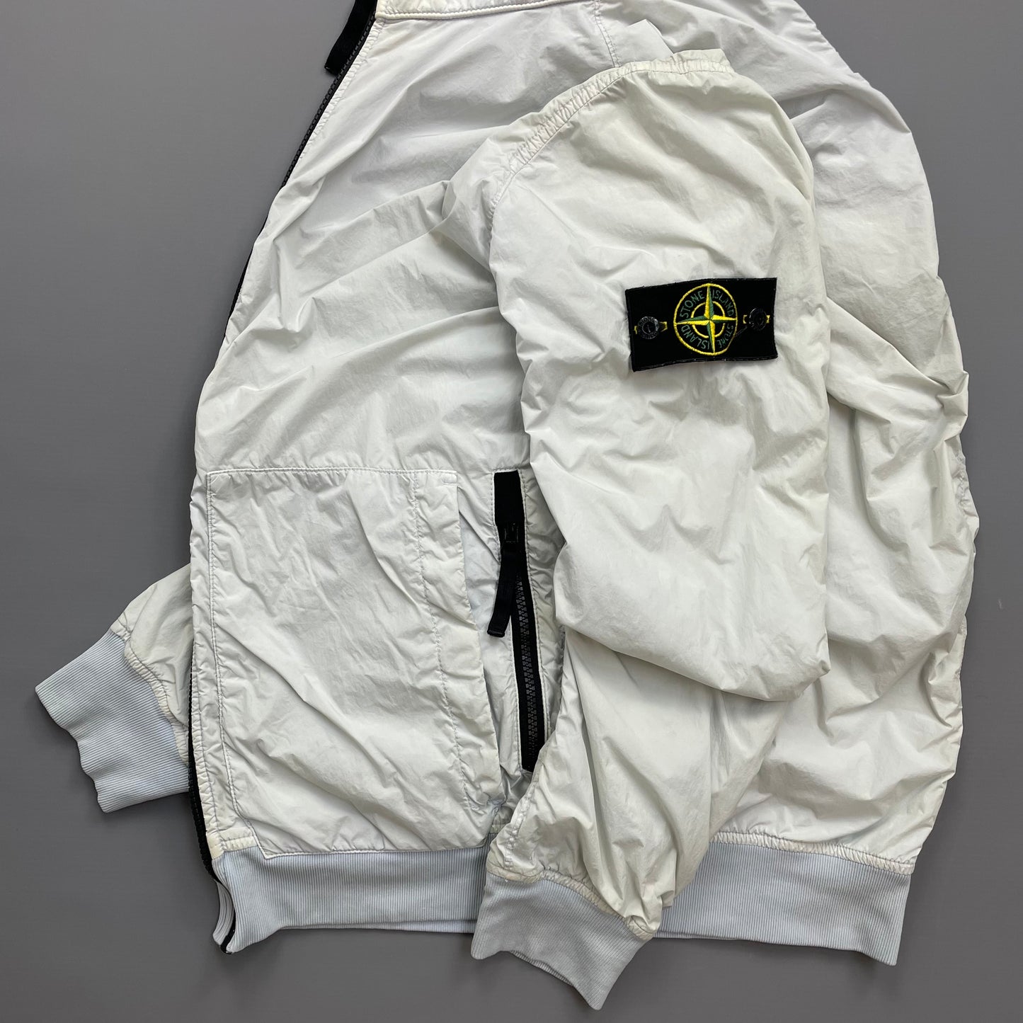 Stone Island White SS20 Garment Dyed Crinkle Reps Concealed Hood Jacket