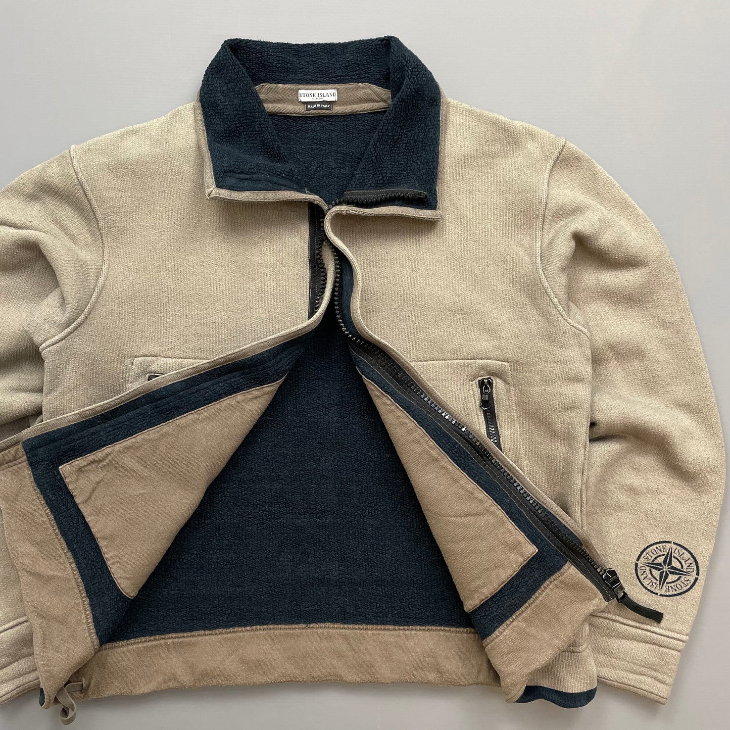 Stone Island Beige AW03 Fleece-Lined Cotton Zip Jacket