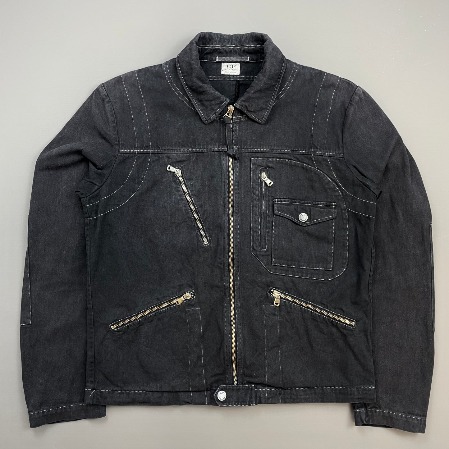 C.P. Company Navy SS06 Denim Contrast Stitch Collared Biker Jacket