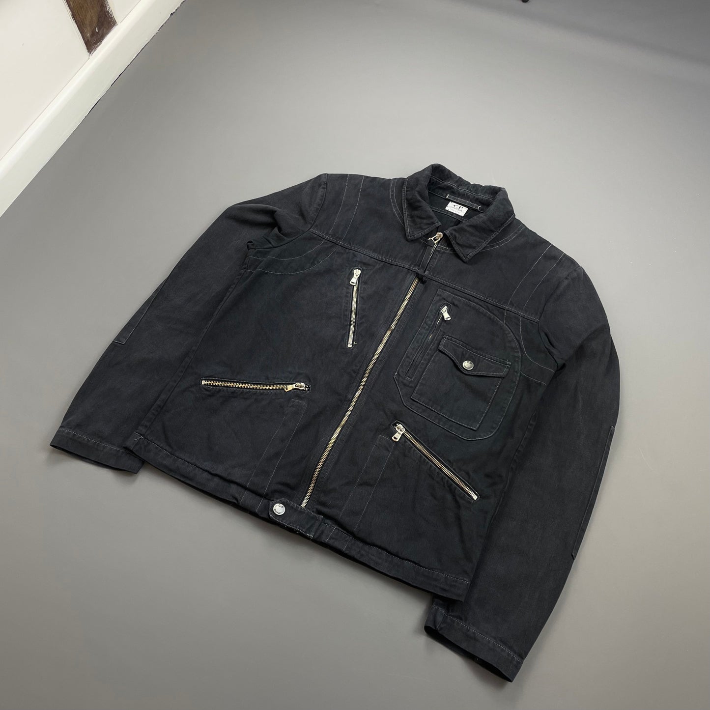 C.P. Company Navy SS06 Denim Contrast Stitch Collared Biker Jacket