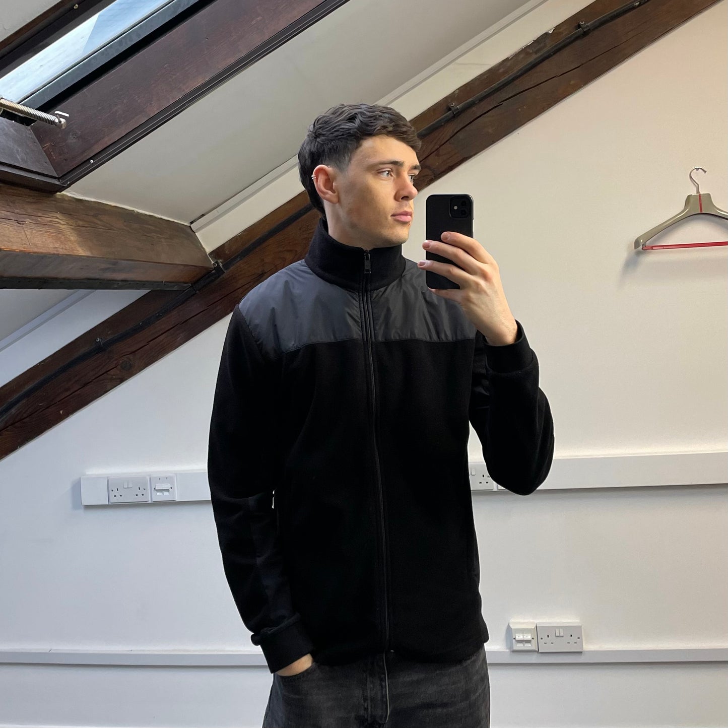 Prada Sport Black 2014 Nylon Shoulder Panel Fleece Jacket