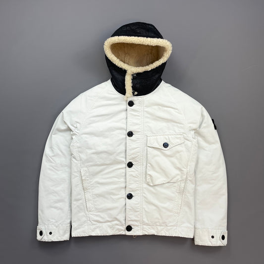 Stone Island White AW17 David-TC Sheep Leather Sheerling Hood Down Puffer Lined Jacket