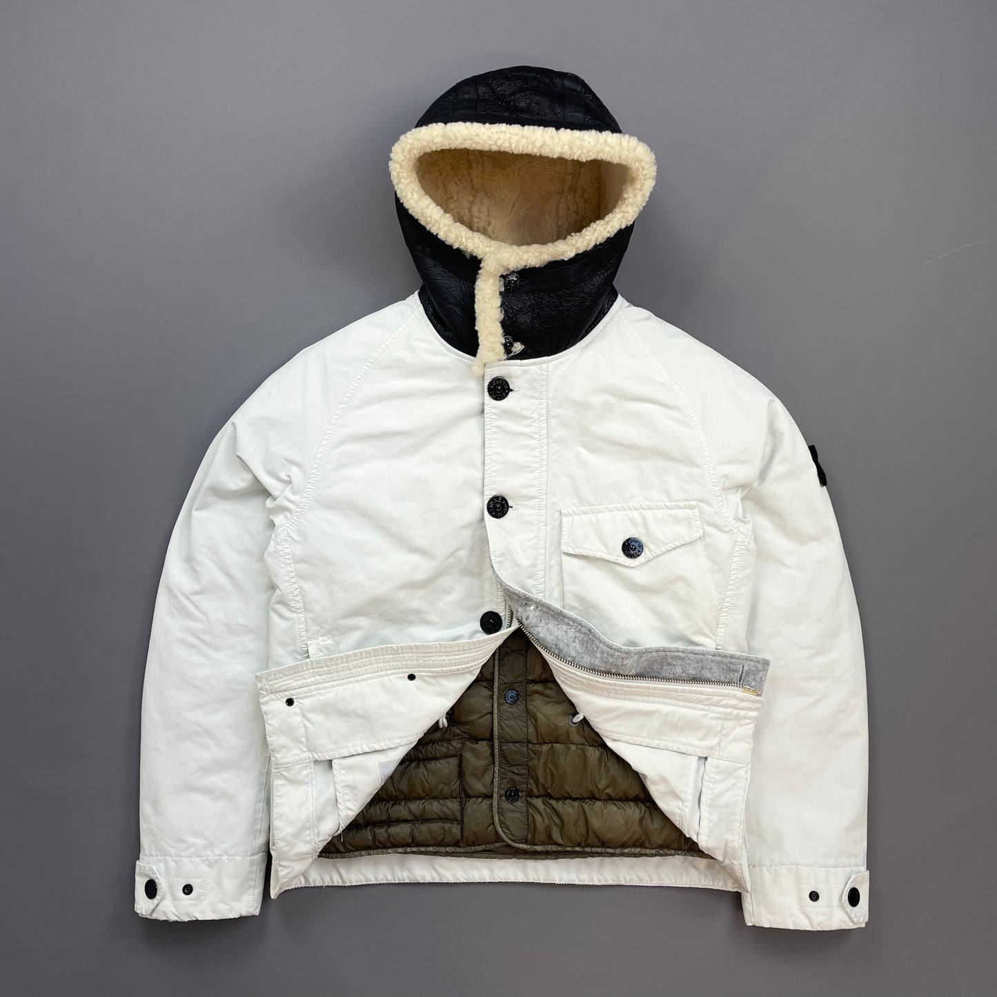 Stone Island White AW17 David-TC Sheep Leather Sheerling Hood Down Puffer Lined Jacket