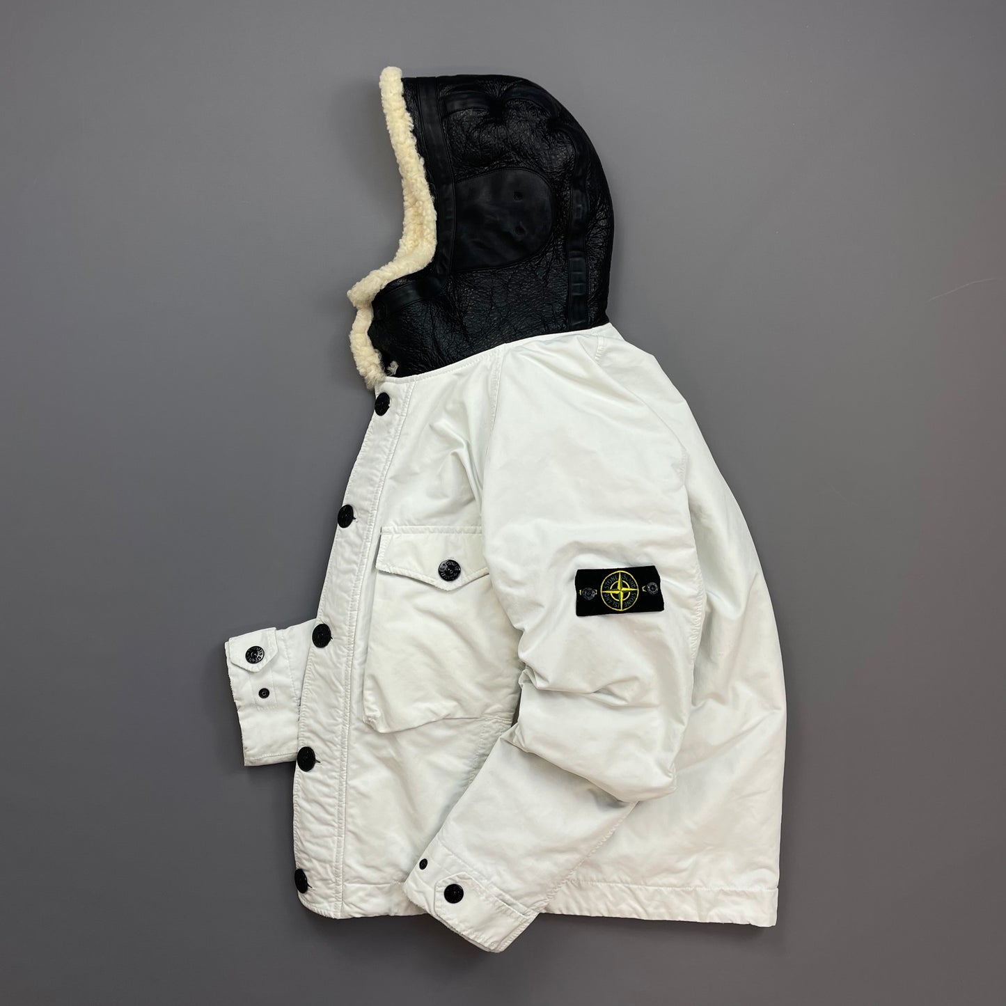 Stone Island White AW17 David-TC Sheep Leather Sheerling Hood Down Puffer Lined Jacket