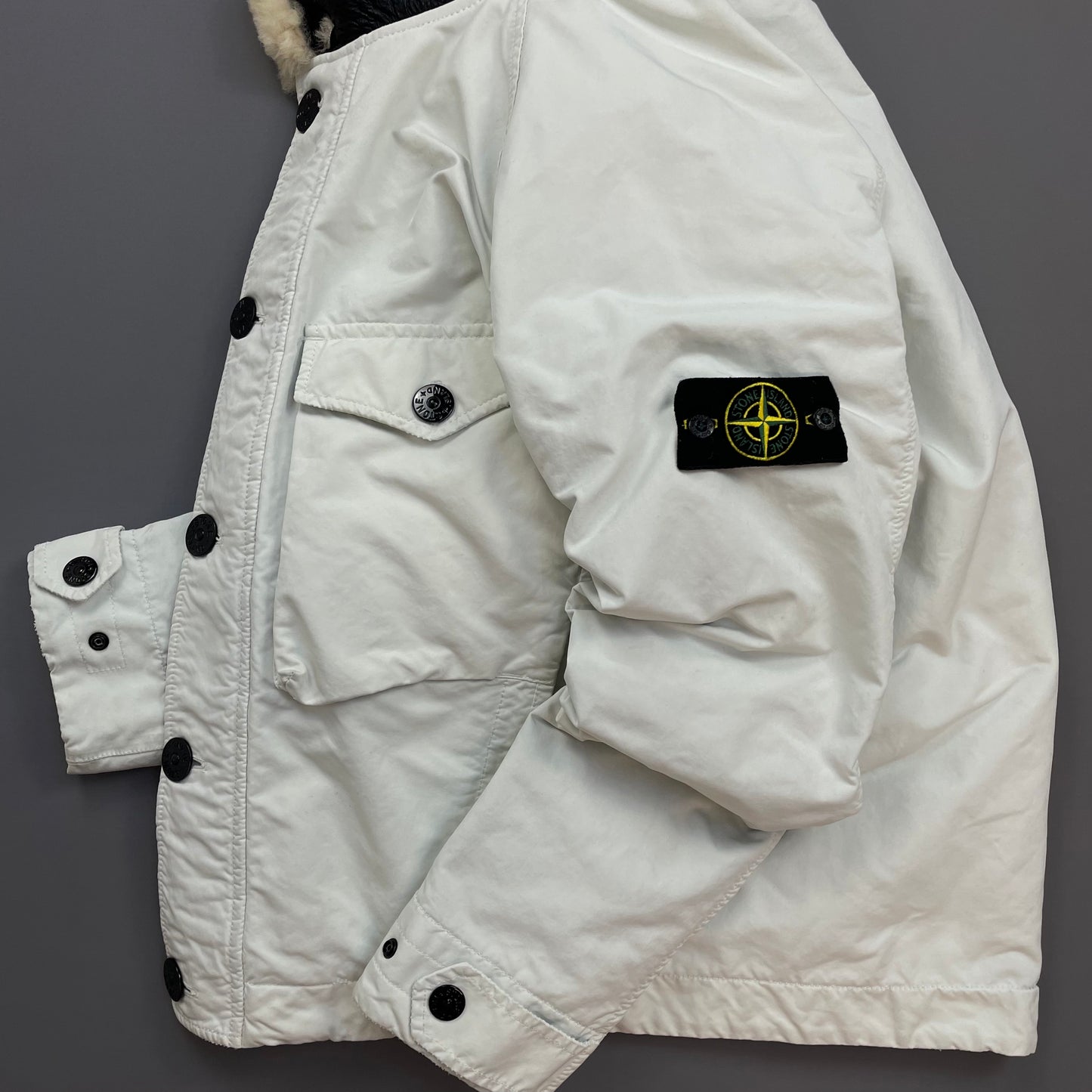 Stone Island White AW17 David-TC Sheep Leather Sheerling Hood Down Puffer Lined Jacket