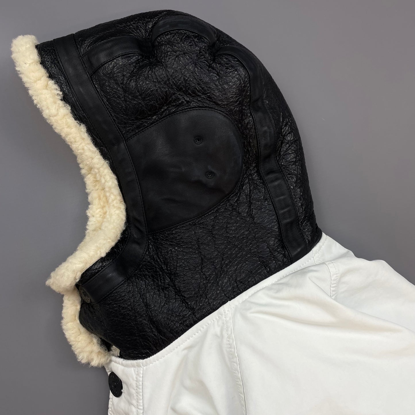 Stone Island White AW17 David-TC Sheep Leather Sheerling Hood Down Puffer Lined Jacket